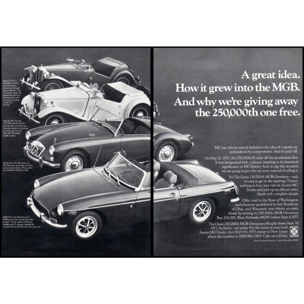 1971 MG MGB MGA MG-TD MG-TC Roadster History Line Up 2 Page Vintage Print Ad Art
